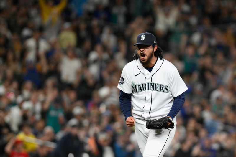 Sep 11, 2023; Seattle, Washington, USA; Seattle Mariners relief pitcher Andres Munoz (75) reacts to the final out of the inning against the Los Angeles Angels at T-Mobile Park. Mandatory Credit: Steven Bisig-USA TODAY Sports