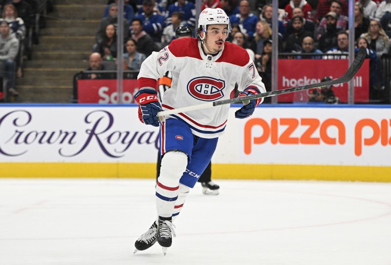 Sep 28, 2022; Toronto, Ontario, CAN; Montreal Canadiens forward Arber Xhekaj (72) pursues the play against the Toronto Maple Leafs in the second period at Scotiabank Arena. Mandatory Credit: Dan Hamilton-USA TODAY Sports