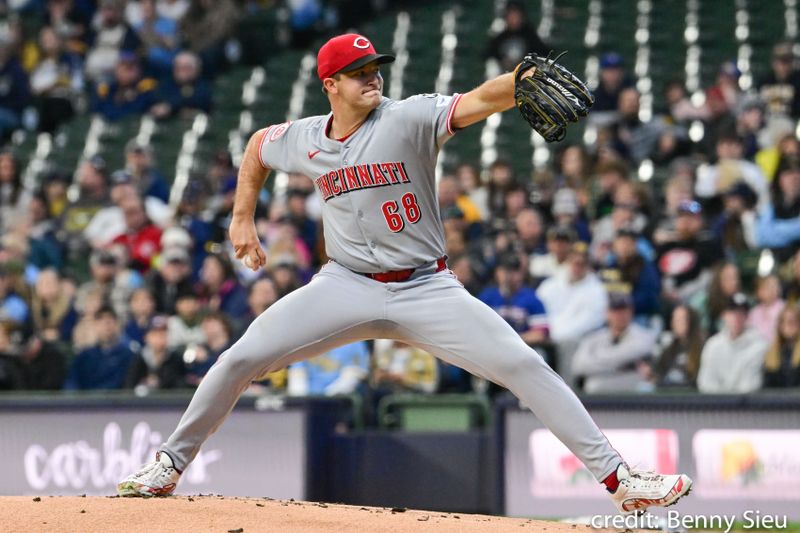 Apr 6, 2025; Milwaukee, Wisconsin, USA; Cincinnati Reds starting pitcher Carson Spiers (68) pitches in the first inning against the Milwaukee Brewers at American Family Field. Mandatory Credit: Benny Sieu-Imagn Images