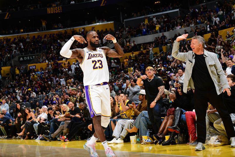 LOS ANGELES, CA - OCTOBER 26: LeBron James #23 of the Los Angeles Lakers celebrates during the game against the Sacramento Kings on October 26, 2024 at Crypto.Com Arena in Los Angeles, California. NOTE TO USER: User expressly acknowledges and agrees that, by downloading and/or using this Photograph, user is consenting to the terms and conditions of the Getty Images License Agreement. Mandatory Copyright Notice: Copyright 2024 NBAE (Photo by Adam Pantozzi/NBAE via Getty Images)