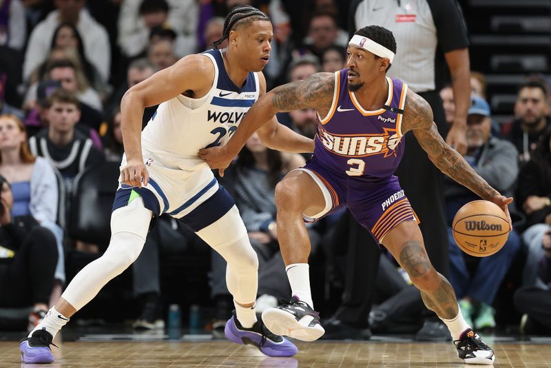 PHOENIX, ARIZONA - JANUARY 29: Bradley Beal #3 of the Phoenix Suns handles the ball against Jaylen Clark #22 of the Minnesota Timberwolves during the second half of the NBA game at Footprint Center on January 29, 2025 in Phoenix, Arizona. NOTE TO USER: User expressly acknowledges and agrees that, by downloading and or using this photograph, User is consenting to the terms and conditions of the Getty Images License Agreement.  (Photo by Christian Petersen/Getty Images)