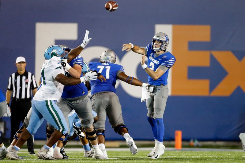 Oct 13, 2023; Memphis, Tennessee, USA; Memphis Tigers quarterback Seth Henigan (2) passes the ball during the first half against the Tulane Green Wave at Simmons Bank Liberty Stadium. Mandatory Credit: Petre Thomas-USA TODAY Sports