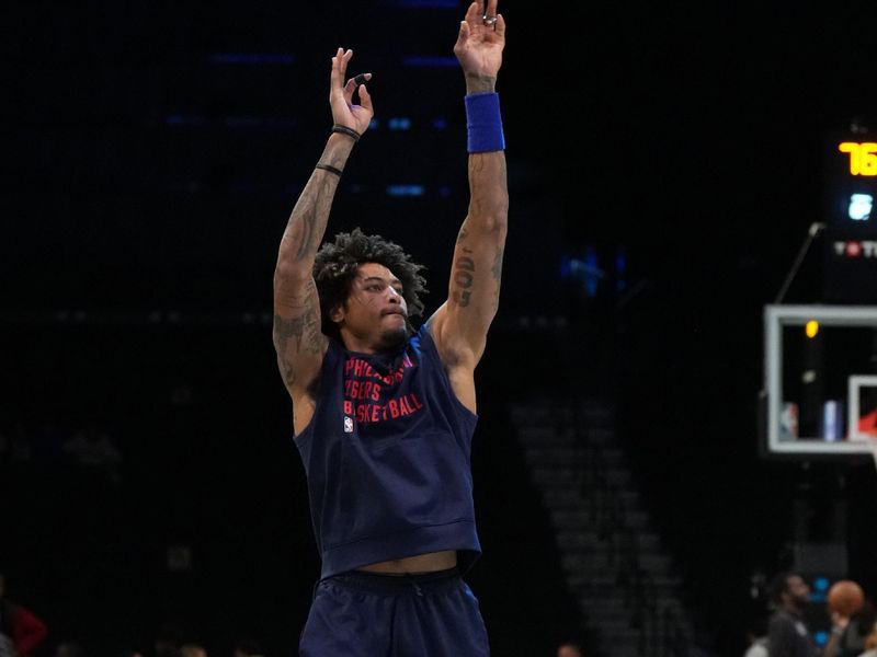 BROOKLYN, NY - MARCH 5: Kelly Oubre Jr. #9 of the Philadelphia 76ers warms up before the game against the Brooklyn Nets on March 5, 2024 at Barclays Center in Brooklyn, New York. NOTE TO USER: User expressly acknowledges and agrees that, by downloading and or using this Photograph, user is consenting to the terms and conditions of the Getty Images License Agreement. Mandatory Copyright Notice: Copyright 2024 NBAE (Photo by Jesse D. Garrabrant/NBAE via Getty Images)