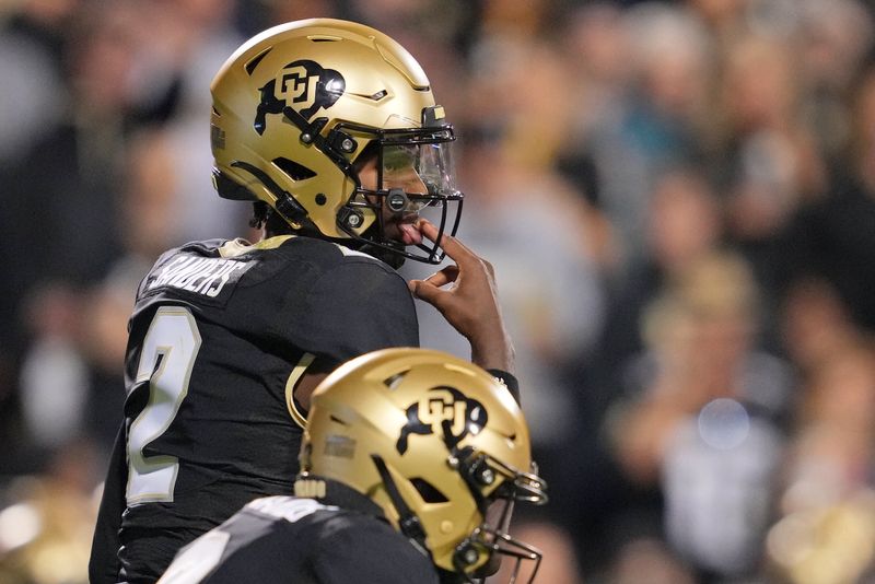 Sep 16, 2023; Boulder, Colorado, USA; Colorado Buffaloes quarterback Shedeur Sanders (2) prepares for a play against the Colorado State Rams during the first half at Folsom Field. Mandatory Credit: Andrew Wevers-USA TODAY Sports