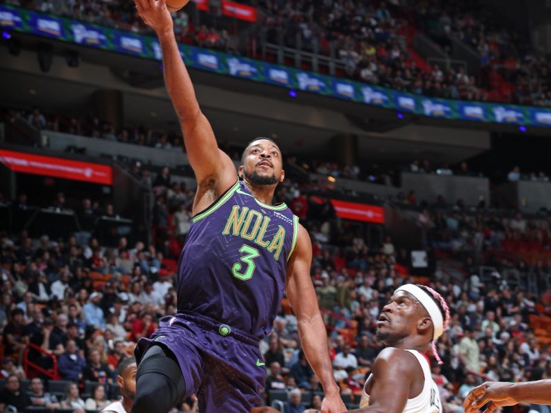 MIAMI, FL - JANUARY 1: CJ McCollum #3 of the New Orleans Pelicans handles the ball during the game against the Miami Heat on January 1, 2025 at Kaseya Center in Miami, Florida. NOTE TO USER: User expressly acknowledges and agrees that, by downloading and or using this Photograph, user is consenting to the terms and conditions of the Getty Images License Agreement. Mandatory Copyright Notice: Copyright 2024 NBAE (Photo by Jeff Haynes/NBAE via Getty Images)