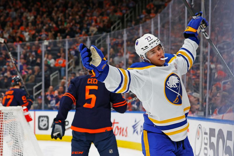 Mar 21, 2024; Edmonton, Alberta, CAN; Buffalo Sabres forward JJ Peterka (77) celebrates after scoring a goal during the second period against the Edmonton Oilers at Rogers Place. Mandatory Credit: Perry Nelson-USA TODAY Sports