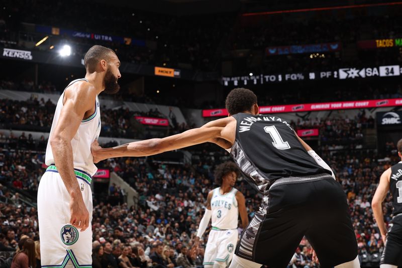 SAN ANTONIO, TX - JANUARY 27: Rudy Gobert #27 of the Minnesota Timberwolves looks on during the game against the San Antonio Spurs on January 27, 2024 at the Frost Bank Center in San Antonio, Texas. NOTE TO USER: User expressly acknowledges and agrees that, by downloading and or using this photograph, user is consenting to the terms and conditions of the Getty Images License Agreement. Mandatory Copyright Notice: Copyright 2024 NBAE (Photos by David Sherman/NBAE via Getty Images)