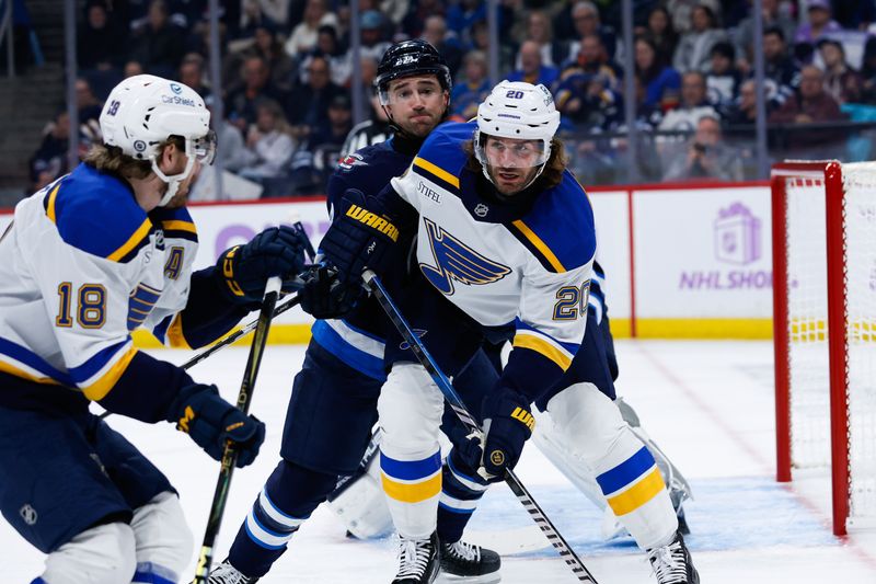 Dec 3, 2024; Winnipeg, Manitoba, CAN;  Winnipeg Jets defenseman Dylan DeMelo (2) jostles for position with St. Louis Blues forward Brandon Saad (20) during the first period at Canada Life Centre. Mandatory Credit: Terrence Lee-Imagn Images