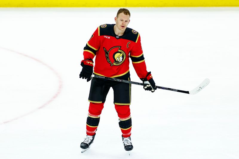 Feb 26, 2026; Ottawa, Ontario, CAN; Ottawa Senators left wing Brady Tkachuk (7) warms up prior to a game against the Detroit Red Wings at Canadian Tire Centre. Mandatory Credit: Keito Newman-Imagn Images