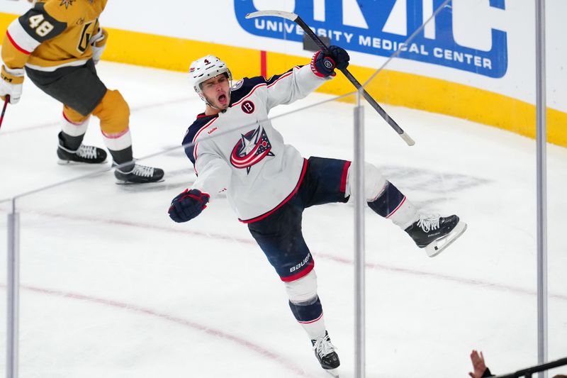 Jan 30, 2025; Las Vegas, Nevada, USA; Columbus Blue Jackets center Cole Sillinger (4) celebrates after scoring a goal against the Vegas Golden Knights during an overtime period at T-Mobile Arena. Mandatory Credit: Stephen R. Sylvanie-Imagn Images