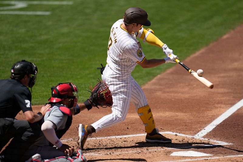 Apr 3, 2024; San Diego, California, USA; San Diego Padres shortstop Ha-Seong Kim (7) hits a foul ball against the St. Louis Cardinals during the first inning at Petco Park. Mandatory Credit: Ray Acevedo-USA TODAY Sports