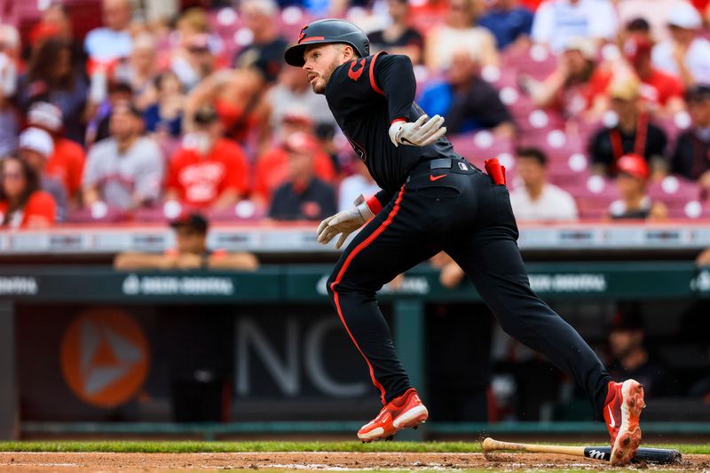 May 16, 2025; Cincinnati, Ohio, USA; Cincinnati Reds designated hitter Gavin Lux (2) runs to first after hitting a single in the second inning against the Cleveland Guardians at Great American Ball Park. Mandatory Credit: Katie Stratman-Imagn Images