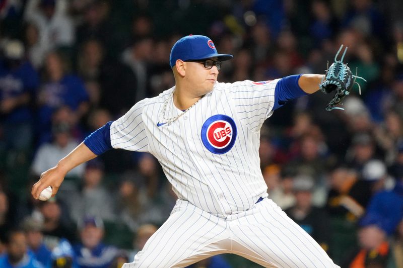 Sep 19, 2023; Chicago, Illinois, USA; Chicago Cubs starting pitcher Javier Assad (72) throws the ball against the Pittsburgh Pirates during the first inning at Wrigley Field. Mandatory Credit: David Banks-USA TODAY Sports