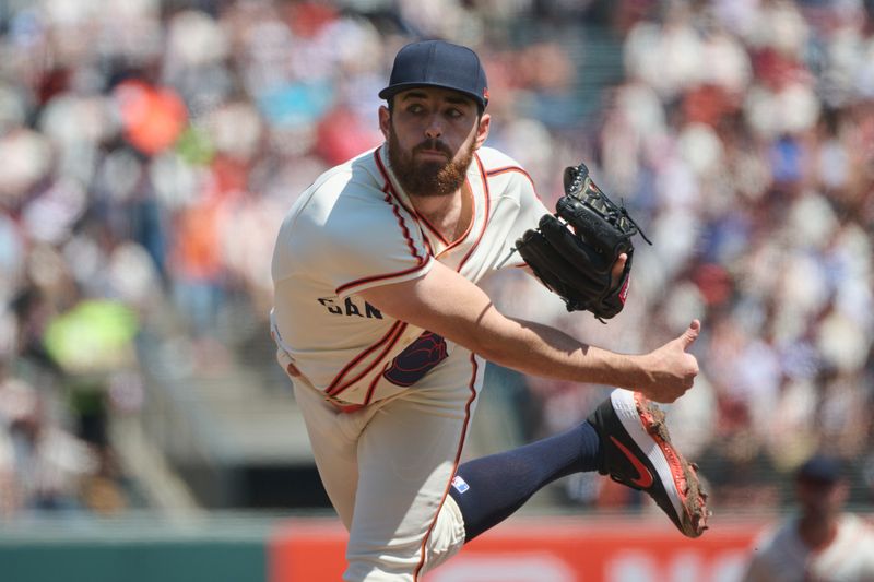 Aug 26, 2023; San Francisco, California, USA; San Francisco Giants starting pitcher Ryan Walker (74) throws a pitch against the Atlanta Braves during the first inning at Oracle Park. Mandatory Credit: Robert Edwards-USA TODAY Sports