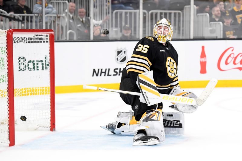 Oct 3, 2023; Boston, Massachusetts, USA; Washington Capitals forward Matthew Phillips (45) (not pictured) scores the winning goal in overtime past Boston Bruins goaltender Linus Ullmark (35) at TD Garden. Mandatory Credit: Bob DeChiara-USA TODAY Sports