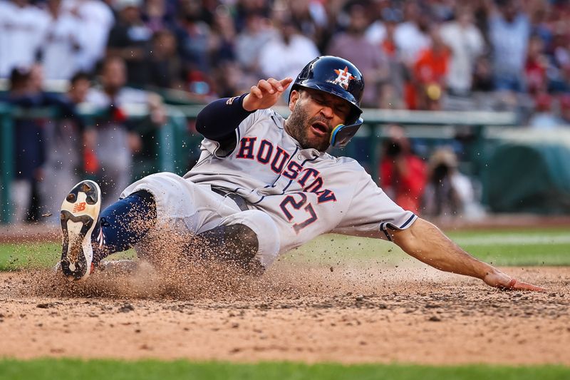 Apr 20, 2024; Washington, District of Columbia, USA; Houston Astros second base Jose Altuve (27) reacts after being tagged out at home plate against the Washington Nationals during the tenth inning at Nationals Park. Mandatory Credit: Scott Taetsch-USA TODAY Sports