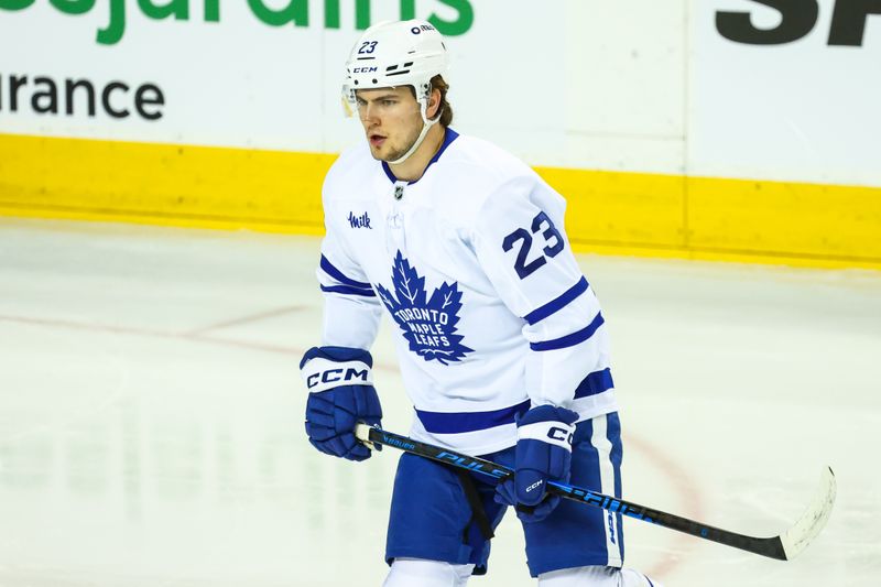 Feb 2, 2026; Calgary, Alberta, CAN; Toronto Maple Leafs left wing Matthew Knies (23) skates during the warmup period against the Calgary Flames at Scotiabank Saddledome. Mandatory Credit: Sergei Belski-Imagn Images