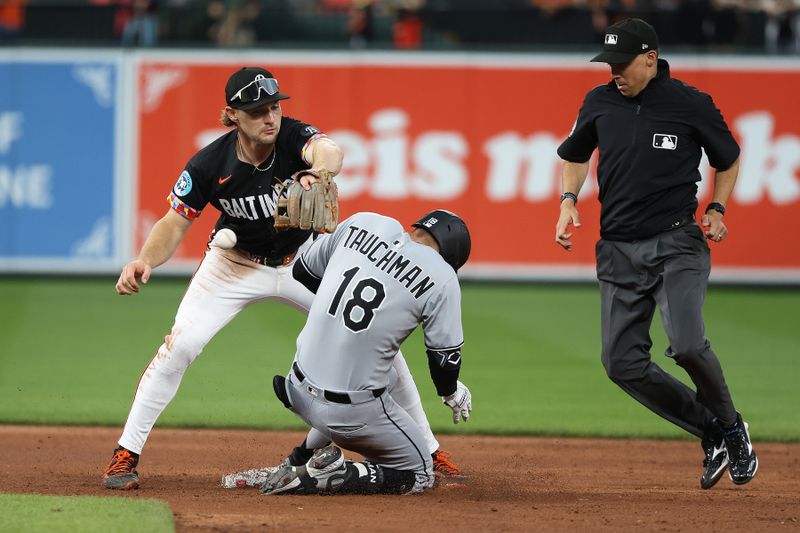 May 30, 2025; Baltimore, Maryland, USA; Baltimore Orioles shortstop Gunnar Henderson (2) cannot tag Chicago White Sox outfielder Mike Tauchman (18) after he hits a double during the ninth inning at Oriole Park at Camden Yards. Mandatory Credit: Daniel Kucin Jr.-Imagn Images