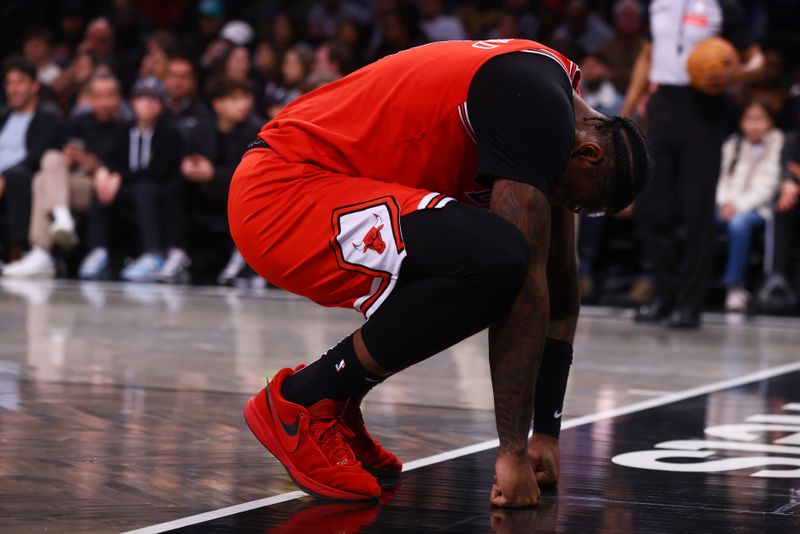 NEW YORK, NEW YORK - MARCH 29: Andre Drummond #3 of the Chicago Bulls reacts during the game against the Brooklyn Nets at Barclays Center on March 29, 2024 in New York City. NOTE TO USER: User expressly acknowledges and agrees that, by downloading and or using this photograph, User is consenting to the terms and conditions of the Getty Images License Agreement. (Photo by Mike Stobe/Getty Images)