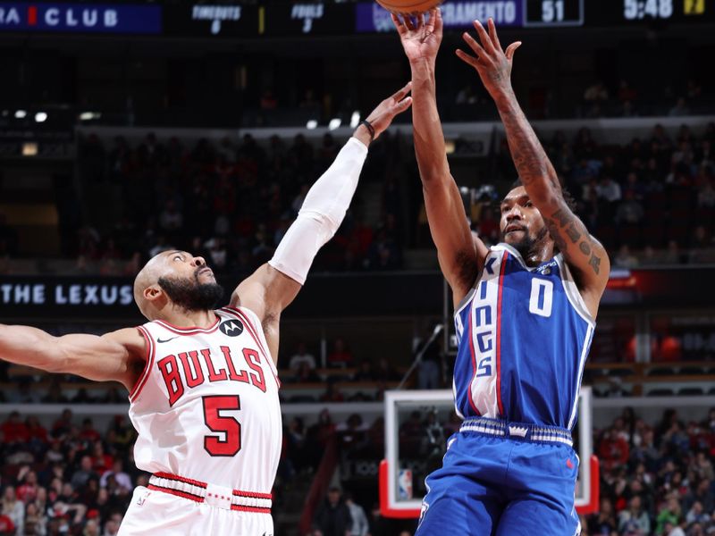 CHICAGO, IL - FEBRUARY 3:  Malik Monk #0 of the Sacramento Kings shoots the ball during the game against the Chicago Bulls on February 3, 2024 at United Center in Chicago, Illinois. NOTE TO USER: User expressly acknowledges and agrees that, by downloading and or using this photograph, User is consenting to the terms and conditions of the Getty Images License Agreement. Mandatory Copyright Notice: Copyright 2024 NBAE (Photo by Jeff Haynes/NBAE via Getty Images)