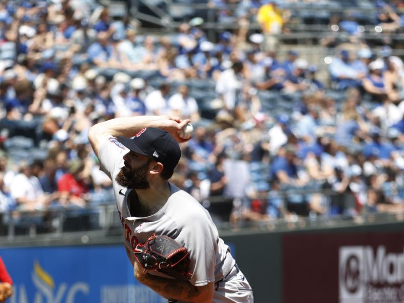 May 11, 2025; Kansas City, Missouri, USA; Boston Red Sox starting pitcher Lucas Giolito (54) pitches agains the Kansas City Royals at Kauffman Stadium. Mandatory Credit: Gary Rohman-Imagn Images