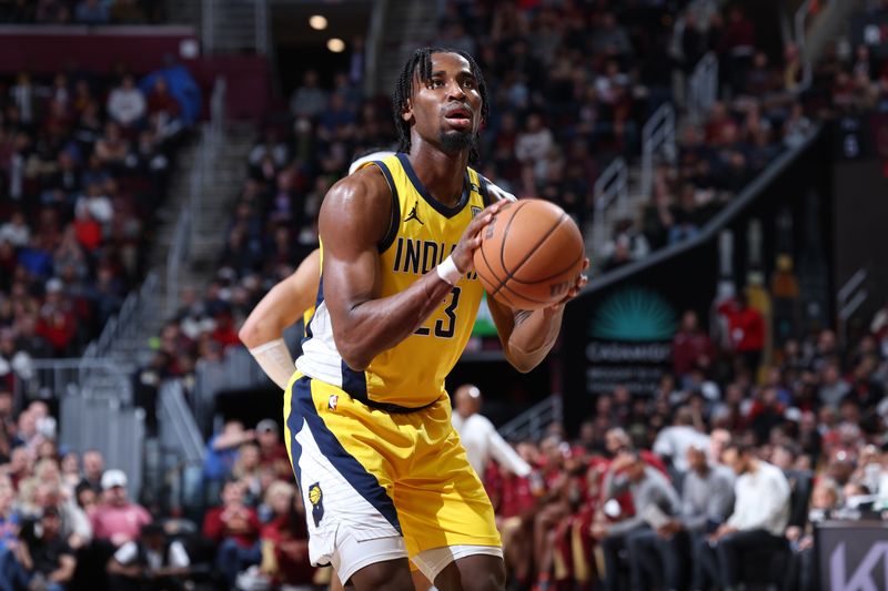 CLEVELAND, OH - APRIL 12: Aaron Nesmith #23 of the Indiana Pacers shoots a free throw during the game against the Cleveland Cavaliers on April 12, 2024 at Rocket Mortgage FieldHouse in Cleveland, Ohio. NOTE TO USER: User expressly acknowledges and agrees that, by downloading and/or using this Photograph, user is consenting to the terms and conditions of the Getty Images License Agreement. Mandatory Copyright Notice: Copyright 2024 NBAE (Photo by Jeff Haynes/NBAE via Getty Images)