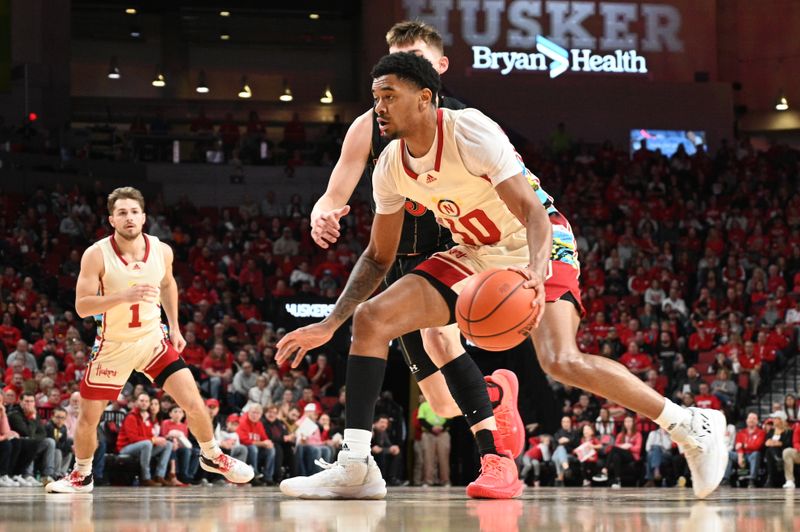 Feb 11, 2023; Lincoln, Nebraska, USA;  Nebraska Cornhuskers guard Jamarques Lawrence (10) drives against the Wisconsin Badgers in the first half at Pinnacle Bank Arena. Mandatory Credit: Steven Branscombe-USA TODAY Sports