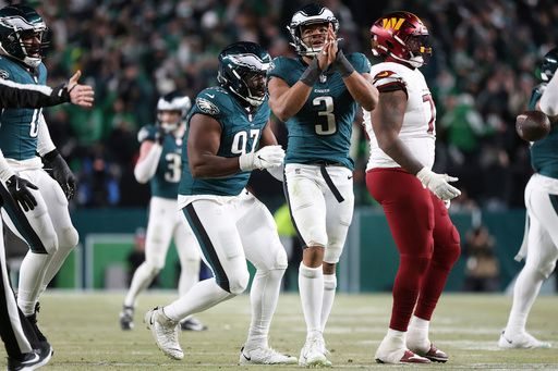 Philadelphia Eagles linebacker Nolan Smith Jr. (3) celebrates during the NFC Championship NFL football game against the Washington Commanders, Sunday, Jan. 26, 2025, in Philadelphia. (AP Photo/Daniel Kucin Jr.)