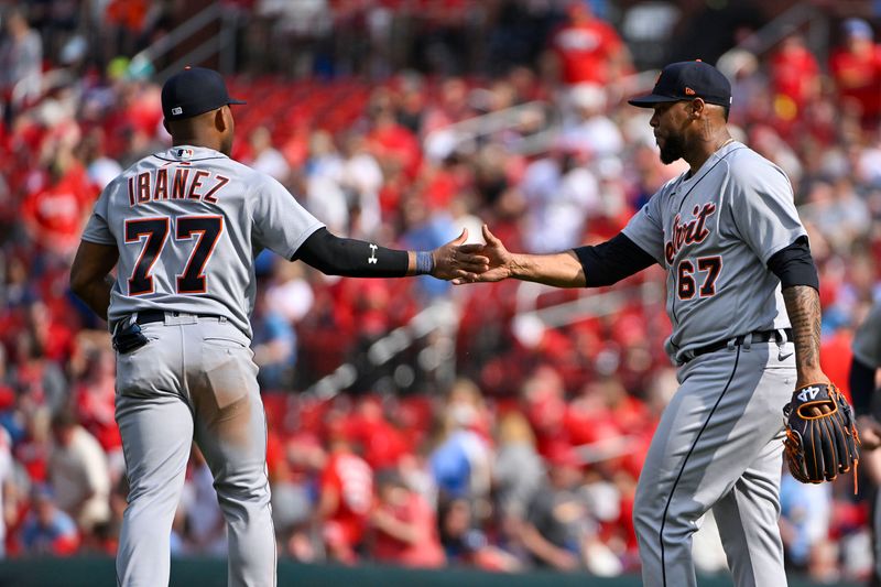 May 6, 2023; St. Louis, Missouri, USA;  Detroit Tigers relief pitcher Jose Cisnero (67) celebrates with third baseman Andy Ibanez (77) after the Tigers defeated the St. Louis Cardinals in ten innings at Busch Stadium. Mandatory Credit: Jeff Curry-USA TODAY Sports