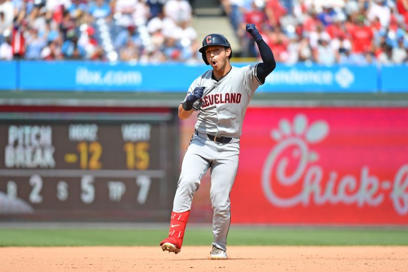 Jul 28, 2024; Philadelphia, Pennsylvania, USA; Cleveland Guardians outfielder Steven Kwan (38) celebrates his home run against the Philadelphia Phillies during the seventh inning at Citizens Bank Park. Mandatory Credit: Eric Hartline-USA TODAY Sports