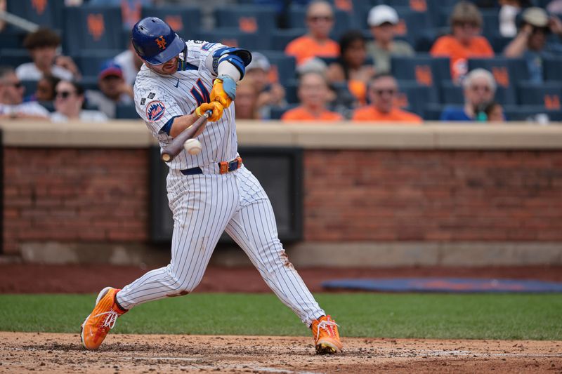 Aug 18, 2024; New York City, New York, USA;  New York Mets first baseman Pete Alonso (20) singles during the fourth inning against the Miami Marlins at Citi Field. Mandatory Credit: Vincent Carchietta-USA TODAY Sports