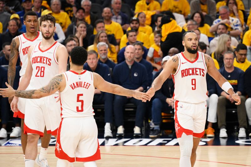 SAN FRANCISCO, CA - APRIL 28: Dillon Brooks #9 and. Fred VanVleet #5 of the Houston Rockets high five during the game against the Golden State Warriors during Round One Game Four of the 2025 NBA Playoffs on April 28, 2025 at Chase Center in San Francisco, California. NOTE TO USER: User expressly acknowledges and agrees that, by downloading and or using this photograph, user is consenting to the terms and conditions of Getty Images License Agreement. Mandatory Copyright Notice: Copyright 2025 NBAE (Photo by David Dow/NBAE via Getty Images)