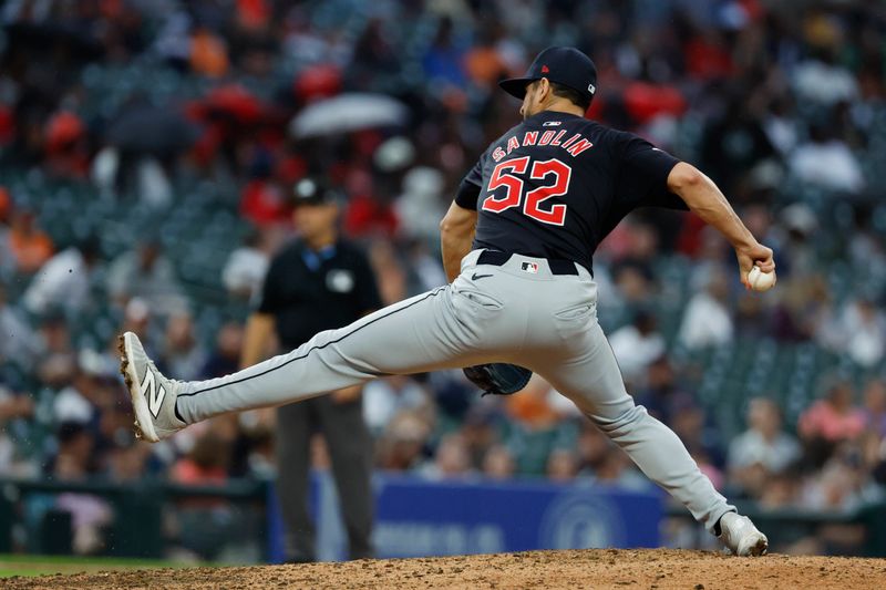 Jul 9, 2024; Detroit, Michigan, USA;  Cleveland Guardians pitcher Nick Sandlin (52) pitches in the sixth inning against the Detroit Tigers at Comerica Park. Mandatory Credit: Rick Osentoski-USA TODAY Sports