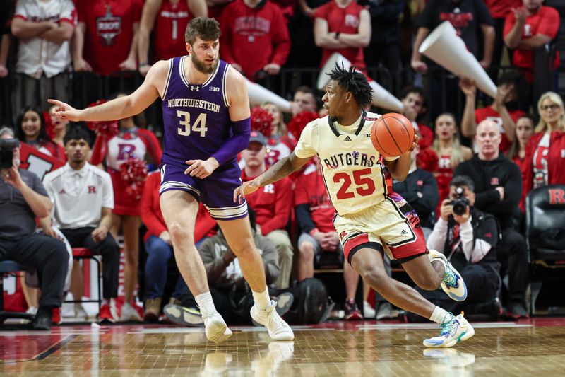 Feb 15, 2024; Piscataway, New Jersey, USA; Rutgers Scarlet Knights guard Jeremiah Williams (25) dribbles against Northwestern Wildcats center Matthew Nicholson (34) during the first half at Jersey Mike's Arena. Mandatory Credit: Vincent Carchietta-USA TODAY Sports