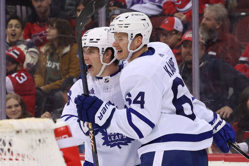 Mar 7, 2023; Newark, New Jersey, USA; Toronto Maple Leafs right wing Mitchell Marner (16) celebrates his goal against the New Jersey Devils during the third period at Prudential Center. Mandatory Credit: Ed Mulholland-USA TODAY Sports