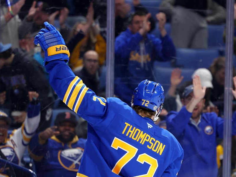 Apr 6, 2025; Buffalo, New York, USA;  Buffalo Sabres center Tage Thompson (72) reacts after scoring a goal during the second period against the Boston Bruins at KeyBank Center. Mandatory Credit: Timothy T. Ludwig-Imagn Images