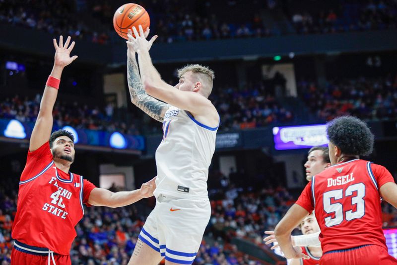 Feb 1, 2024; Boise, Idaho, USA; Boise State Broncos forward Cam Martin (31) shoots during the second half against the Fresno State Bulldogs at ExtraMile Arena. Boise State defeats Fresno State 90-66. Mandatory Credit: Brian Losness-USA TODAY Sports
