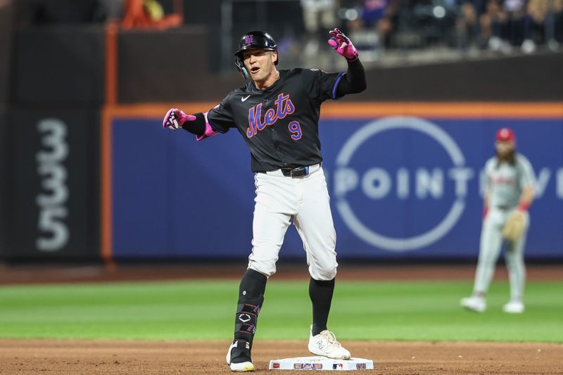 Sep 19, 2024; New York City, New York, USA;  New York Mets left fielder Brandon Nimmo (9) celebrates after hitting an RBI double in the fourth inning against the Philadelphia Phillies at Citi Field. Mandatory Credit: Wendell Cruz-Imagn Images