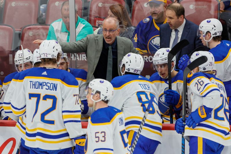 Apr 4, 2023; Sunrise, Florida, USA; Buffalo Sabres head coach Don Granato talks to his players during the third period against the Florida Panthers at FLA Live Arena. Mandatory Credit: Sam Navarro-USA TODAY Sports