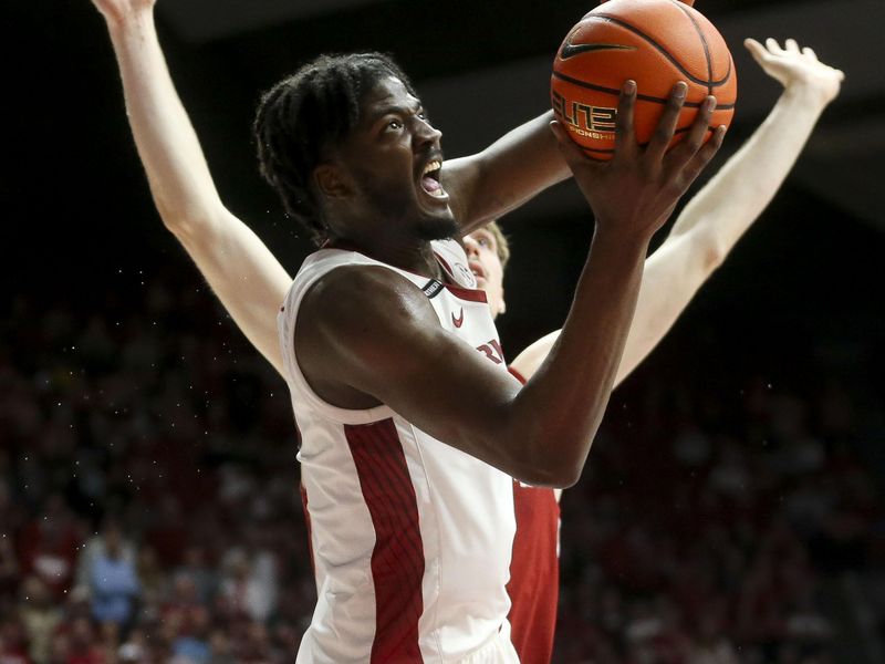 Mar 9, 2024; Tuscaloosa, Alabama, USA; Arkansas forward Makhi Mitchell (15) scores inside against Alabama forward Grant Nelson (2) at Coleman Coliseum. Alabama came from behind to win on overtime 92-88. Mandatory Credit: Gary Cosby Jr.-USA TODAY Sports