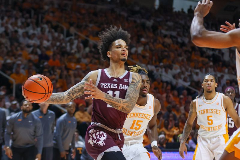 Feb 24, 2024; Knoxville, Tennessee, USA; Texas A&M Aggies forward Andersson Garcia (11) passes the ball against the Tennessee Volunteers during the first half at Thompson-Boling Arena at Food City Center. Mandatory Credit: Randy Sartin-USA TODAY Sports