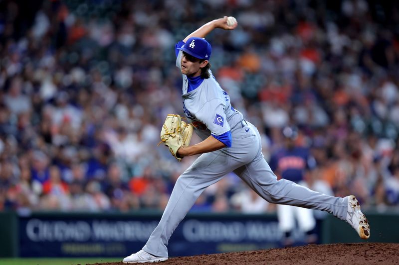 Jul 28, 2024; Houston, Texas, USA; Los Angeles Dodgers relief pitcher Brent Honeywell (40) delivers a pitch against the Houston Astros during the ninth inning at Minute Maid Park. Mandatory Credit: Erik Williams-USA TODAY Sports