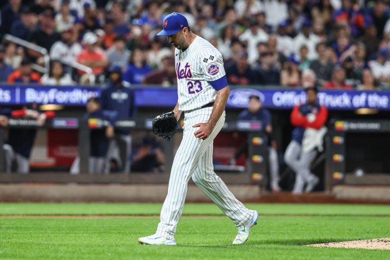 Sep 3, 2024; New York City, New York, USA;  New York Mets starting pitcher David Peterson (23) reacts after retiring the side in the fifth inning against the Boston Red Sox at Citi Field. Mandatory Credit: Wendell Cruz-Imagn Images