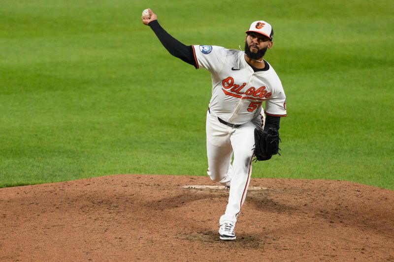 Apr 30, 2025; Baltimore, Maryland, USA; Baltimore Orioles pitcher Seranthony Domínguez (56) throws a pitch during the fifth inning against the New York Yankees at Oriole Park at Camden Yards. Mandatory Credit: Reggie Hildred-Imagn Images