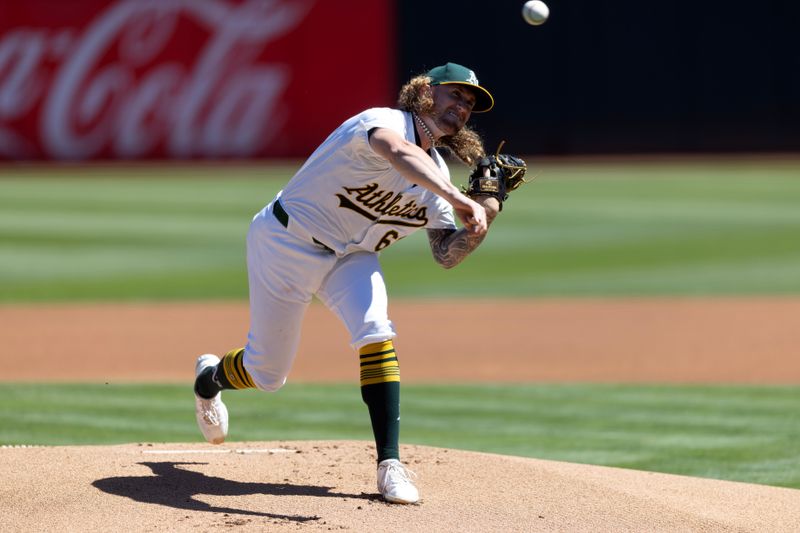 Sep 5, 2024; Oakland, California, USA; Oakland Athletics starting pitcher Joey Estes (68) delivers a pitch against the Seattle Mariners during the first inning at Oakland-Alameda County Coliseum. Mandatory Credit: D. Ross Cameron-Imagn Images