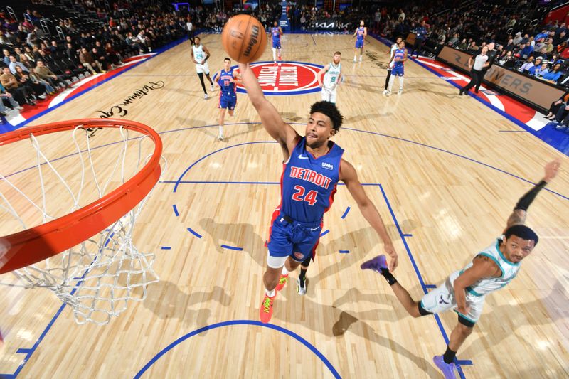 DETROIT, MI - MARCH 11:  Quentin Grimes #24 of the Detroit Pistons drives to the basket during the game against the Charlotte Hornets on March 11, 2024 at Little Caesars Arena in Detroit, Michigan. NOTE TO USER: User expressly acknowledges and agrees that, by downloading and/or using this photograph, User is consenting to the terms and conditions of the Getty Images License Agreement. Mandatory Copyright Notice: Copyright 2024 NBAE (Photo by Chris Schwegler/NBAE via Getty Images)