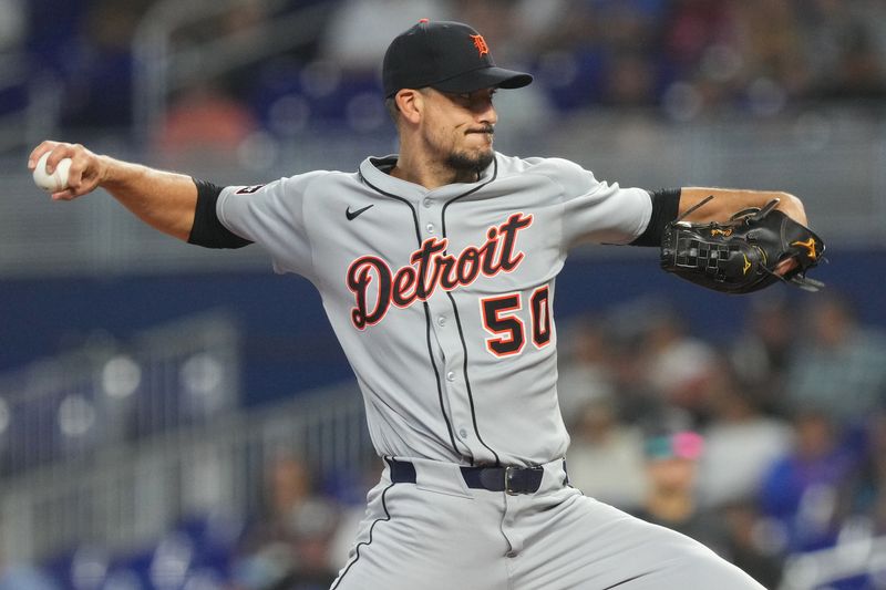Sep 13, 2025; Miami, Florida, USA;  Detroit Tigers starting pitcher Charlie Morton (50) pitches in the first inning against the Miami Marlins at loanDepot Park. Mandatory Credit: Jim Rassol-Imagn Images