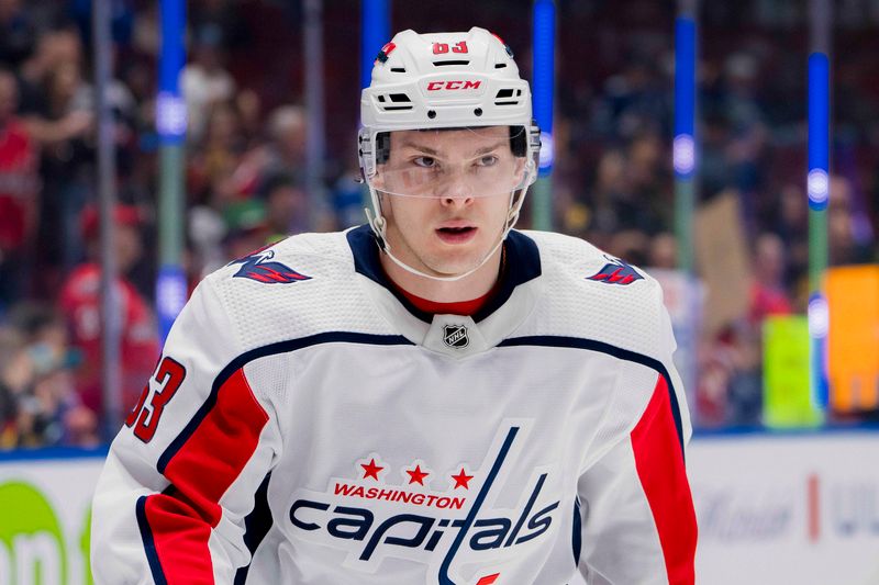 Mar 16, 2024; Vancouver, British Columbia, CAN; Washington Capitals forward Ivan Miroshnichenko (63) skates during warm up prior to a game against the Vancouver Canucks at Rogers Arena.  Mandatory Credit: Bob Frid-USA TODAY Sports