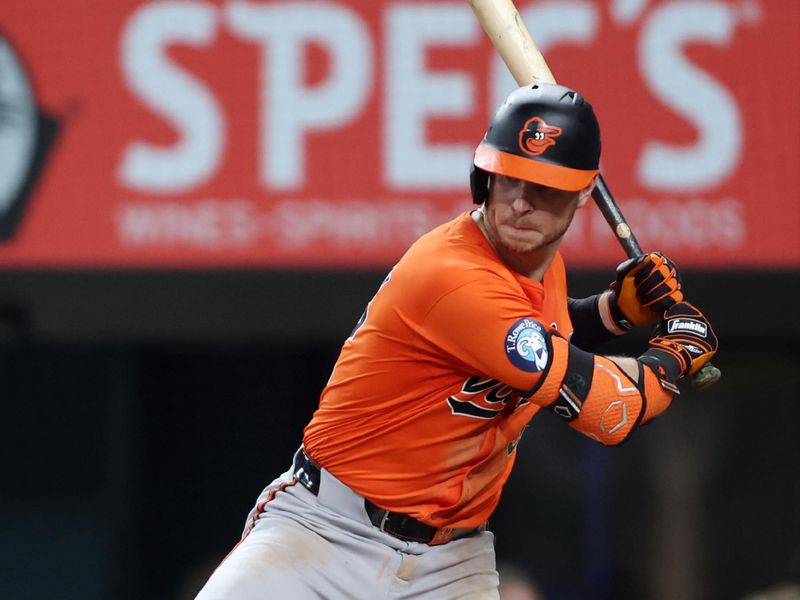 Jul 20, 2024; Arlington, Texas, USA; Baltimore Orioles first base Ryan O'Hearn (32) is hit by a pitch in the seventh inning against the Texas Rangers at Globe Life Field. Mandatory Credit: Tim Heitman-USA TODAY Sports