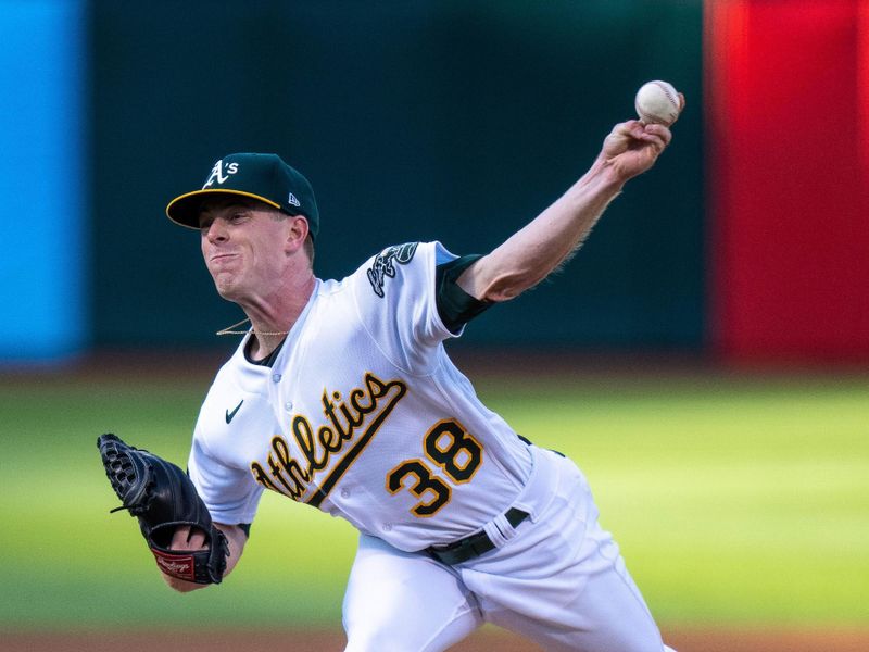 May 30, 2023; Oakland, California, USA;  Oakland Athletics starting pitcher JP Sears (38) delivers a pitch against the Atlanta Braves during the first inning at Oakland-Alameda County Coliseum. Mandatory Credit: Neville E. Guard-USA TODAY Sports